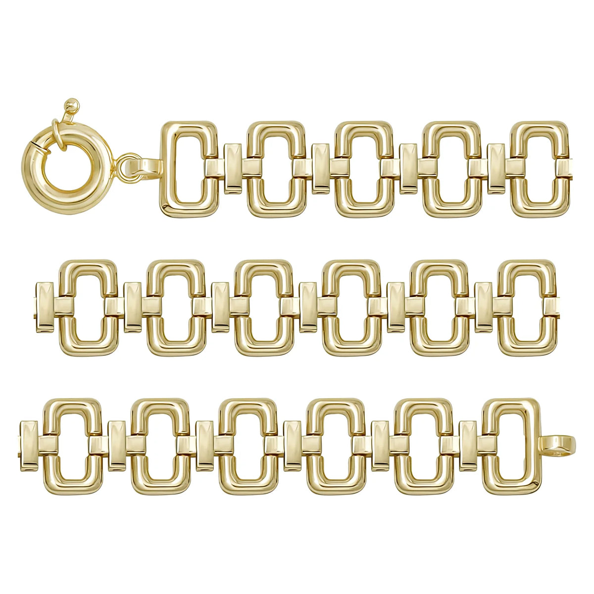 Solid gold fancy link bracelet, 13.70 g — shown in three rows across the frame.
