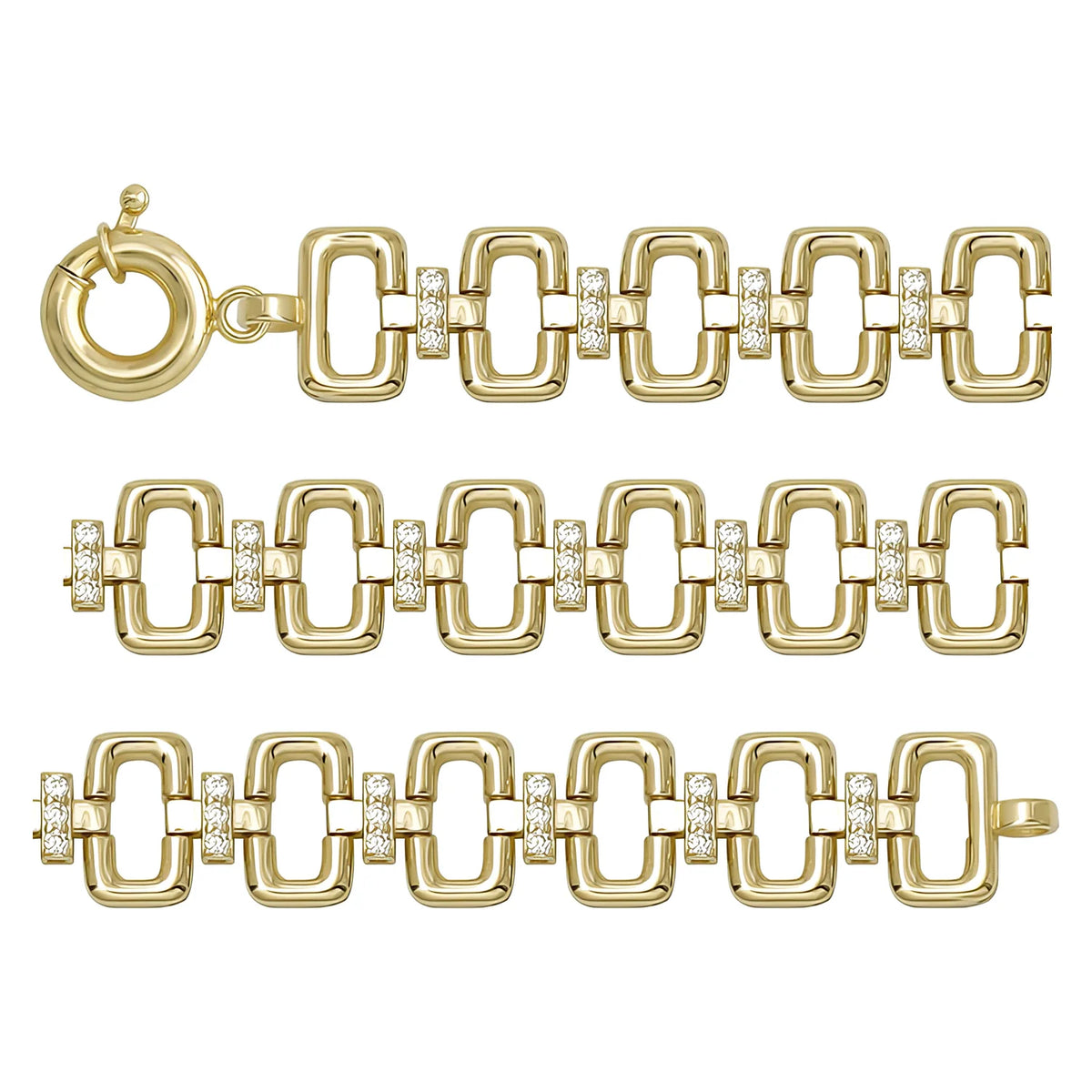 Solid gold fancy link bracelet, 14.83 g — shown in three rows across the frame.