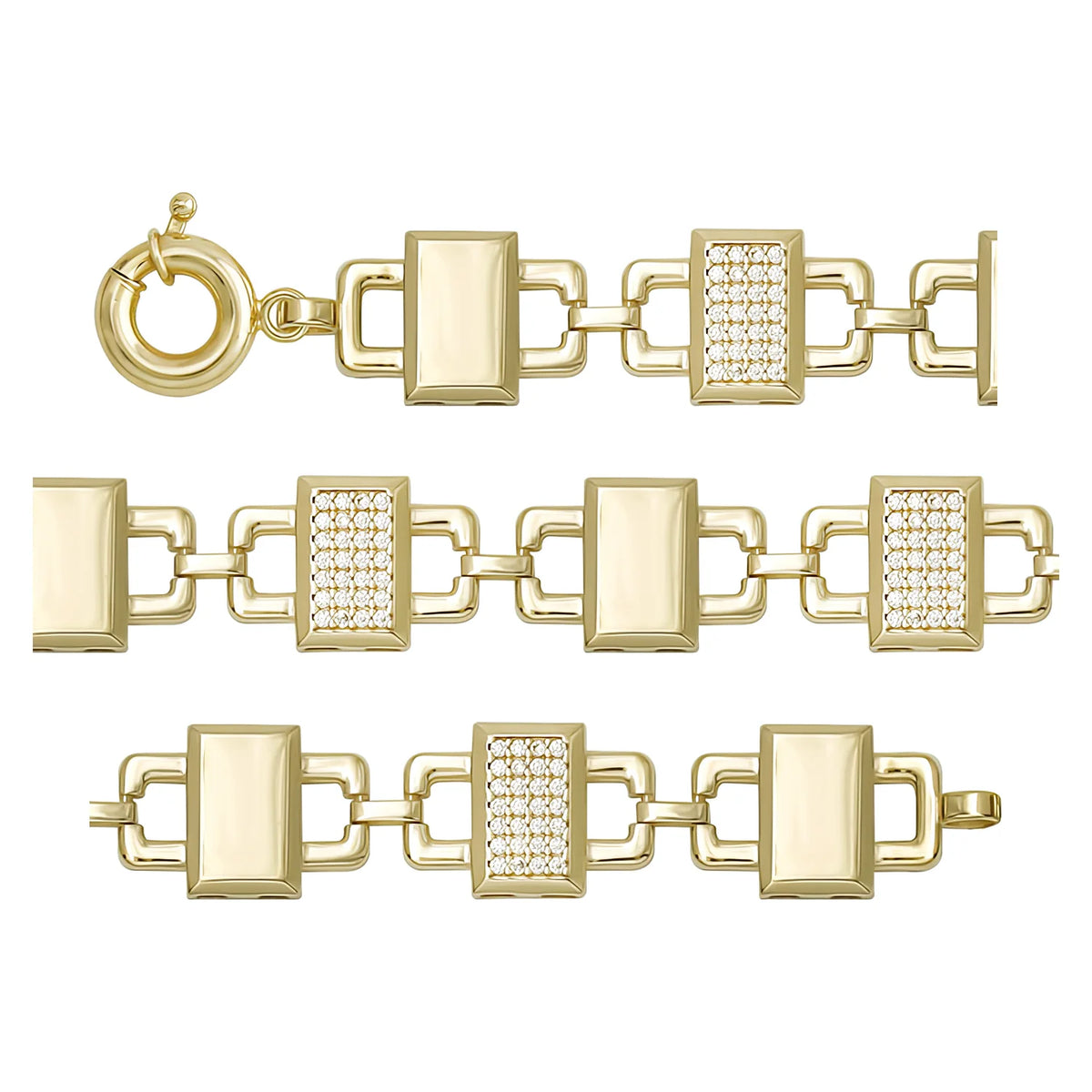 Solid gold fancy link bracelet, 11.07 g — shown in three rows across the frame.