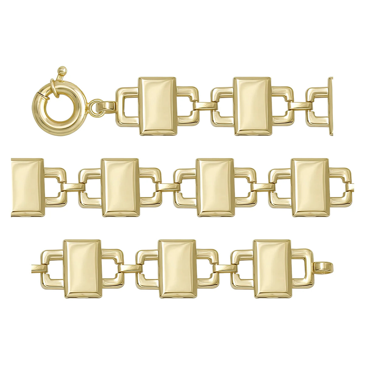 Solid gold fancy link bracelet, 8.95 g — shown in three rows across the frame.