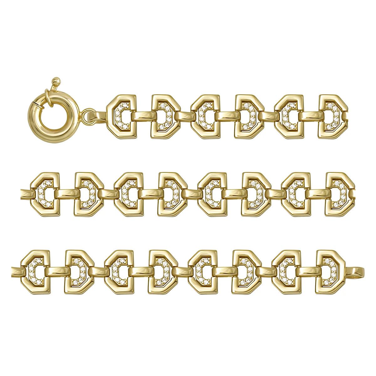 Solid gold fancy link bracelet, 11.74 g — shown in three rows across the frame.
