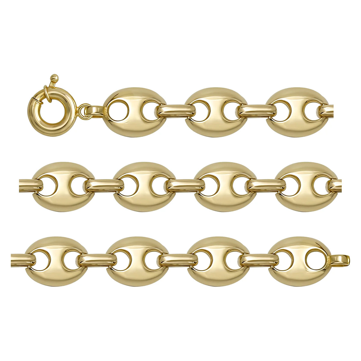 Solid gold mariner bracelet, 9.28 g — shown in three rows across the frame.