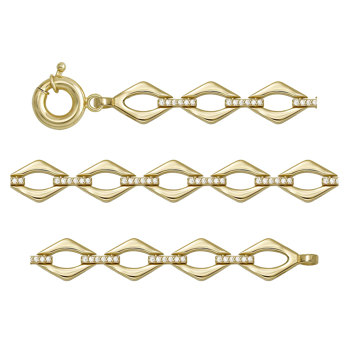 Solid gold fancy link bracelet, 8.55 g — shown in three rows across the frame.