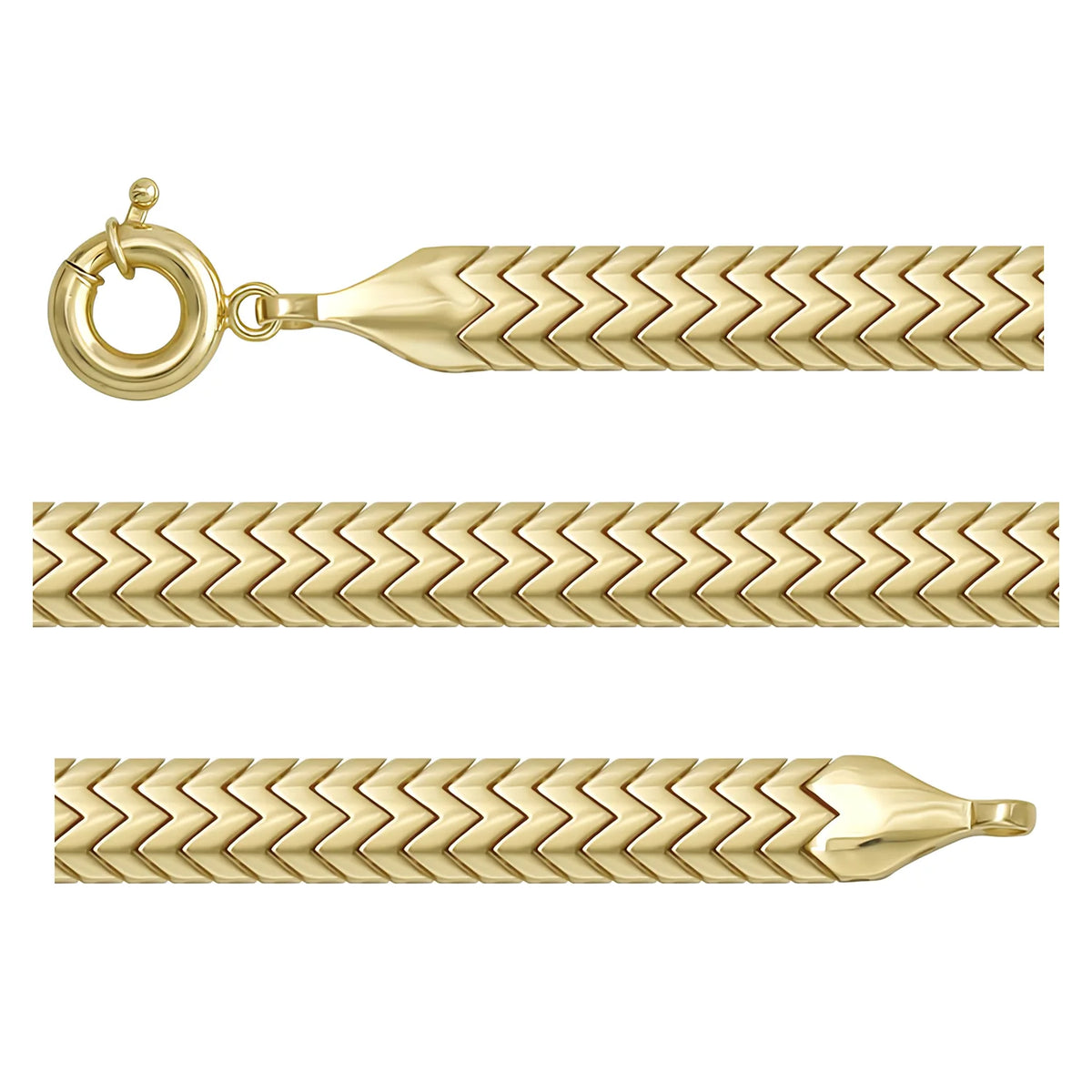 Solid gold herringbone bracelet, 11.80 g — shown in three rows across the frame.