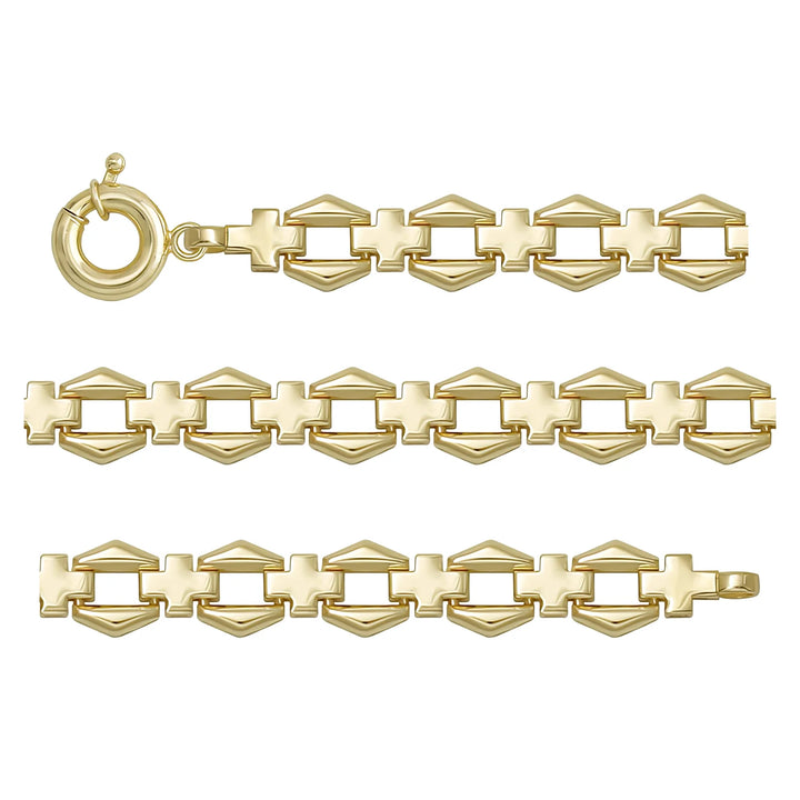 Solid gold fancy link bracelet, 10.23 g — shown in three rows across the frame.