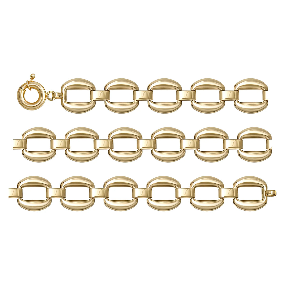 Solid gold fancy link bracelet, 7.35 g — shown in three rows across the frame.
