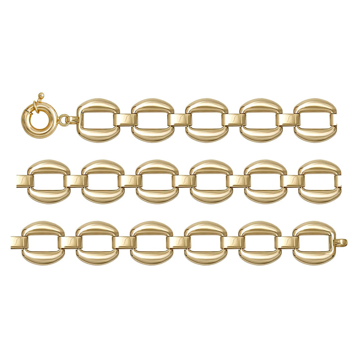 Solid gold fancy link bracelet, 7.35 g — shown in three rows across the frame.