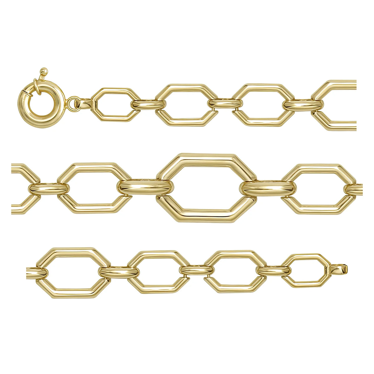 Solid gold fancy link bracelet, 11.85 g — shown in three rows across the frame.