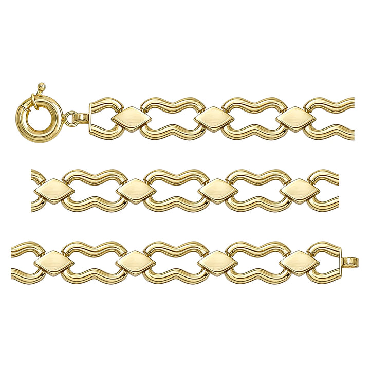 Solid gold fancy link bracelet, 9.35 g — shown in three rows across the frame.