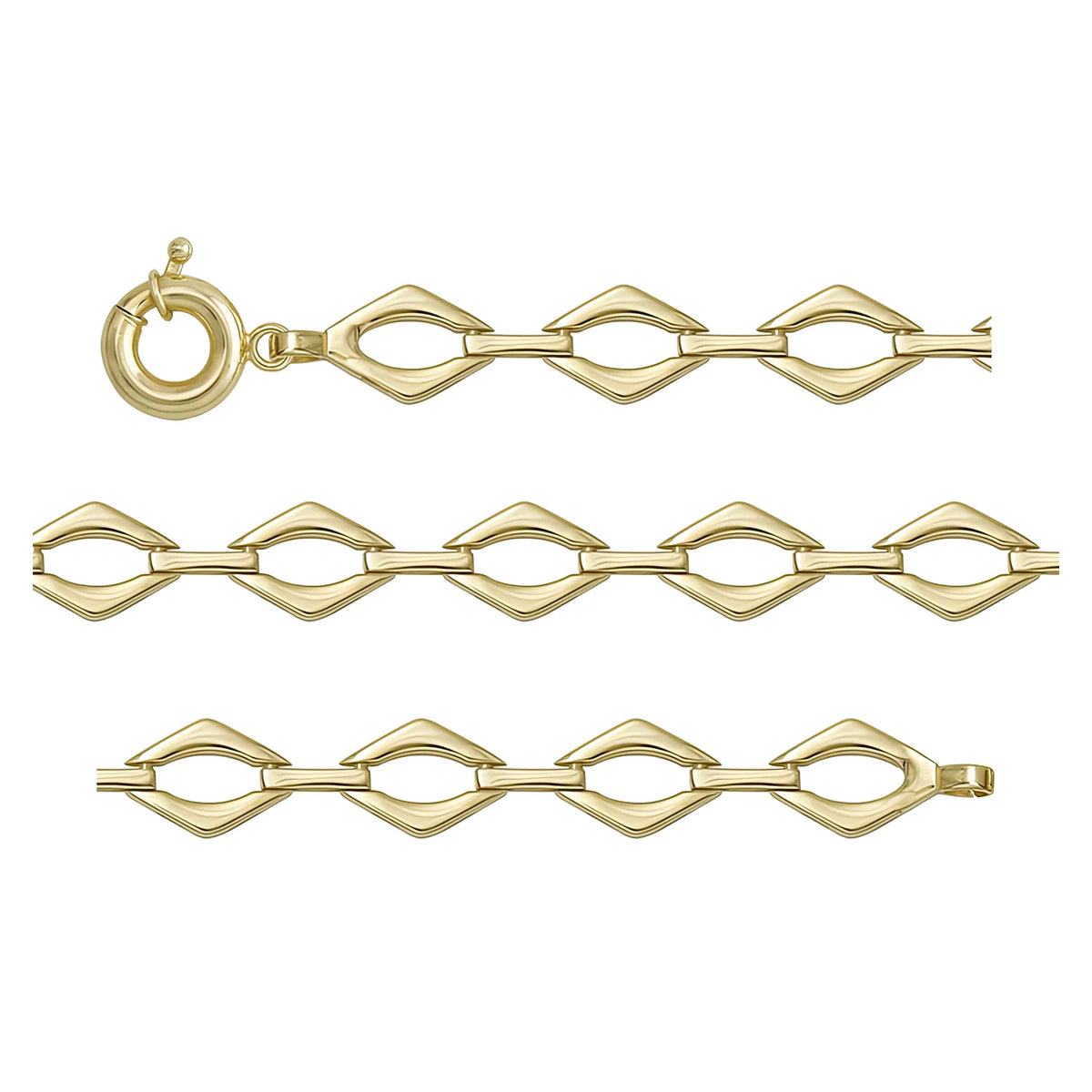 Solid gold fancy link bracelet, 7.57 g — shown in three rows across the frame.