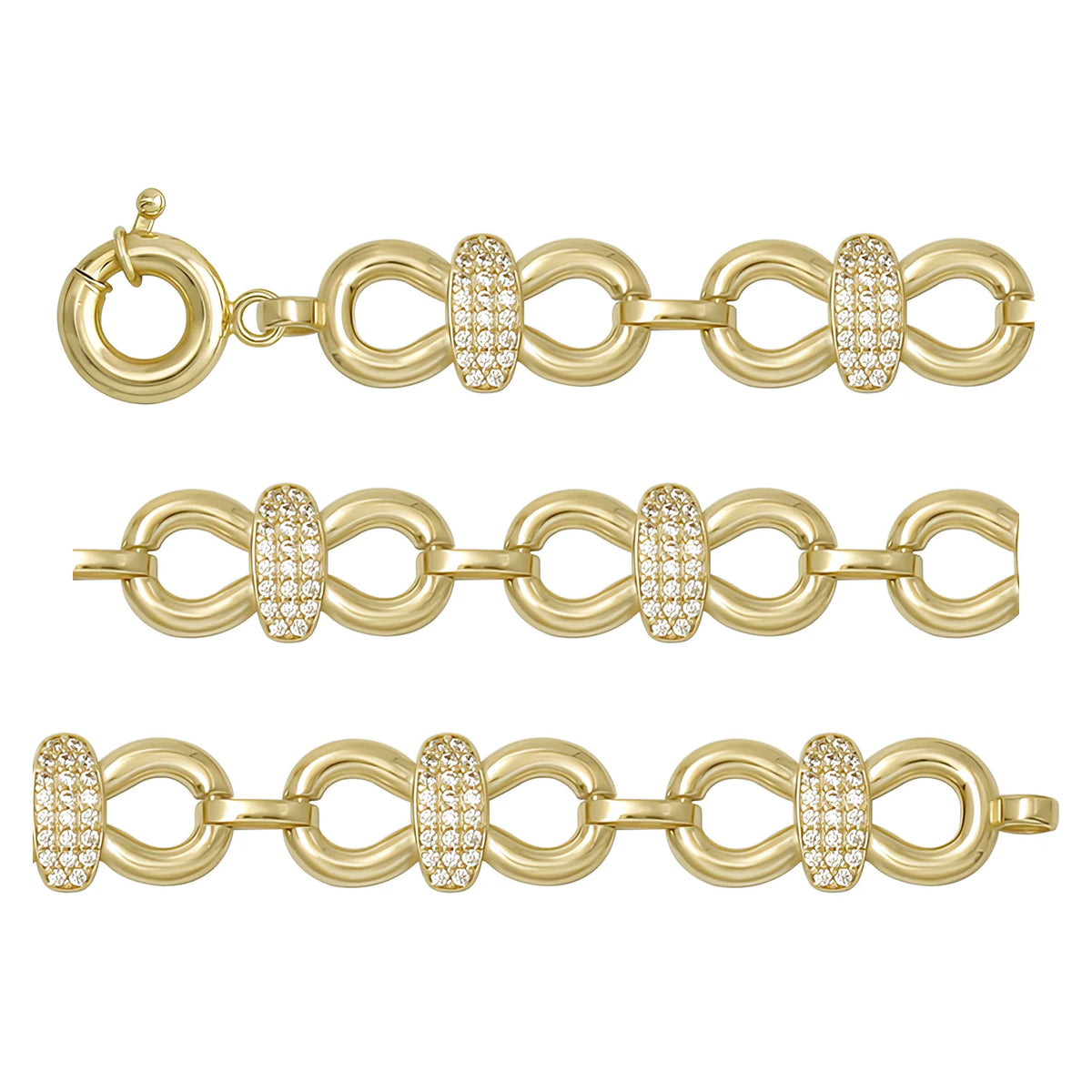 Solid gold fancy link bracelet, 10.42 g — shown in three rows across the frame.