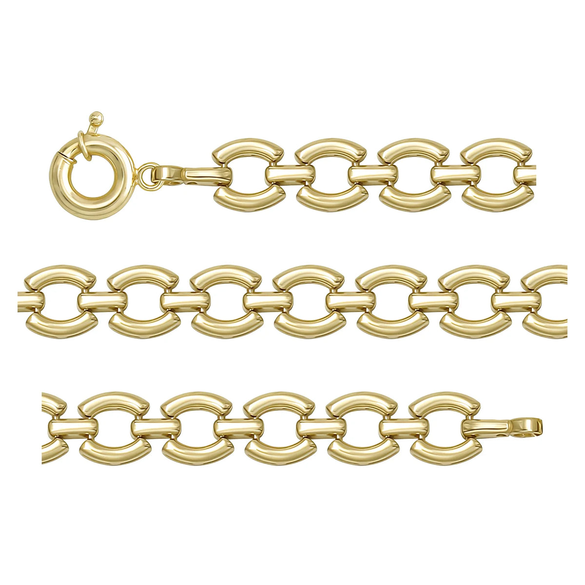 Solid gold fancy link bracelet, 10.90 g — shown in three rows across the frame.
