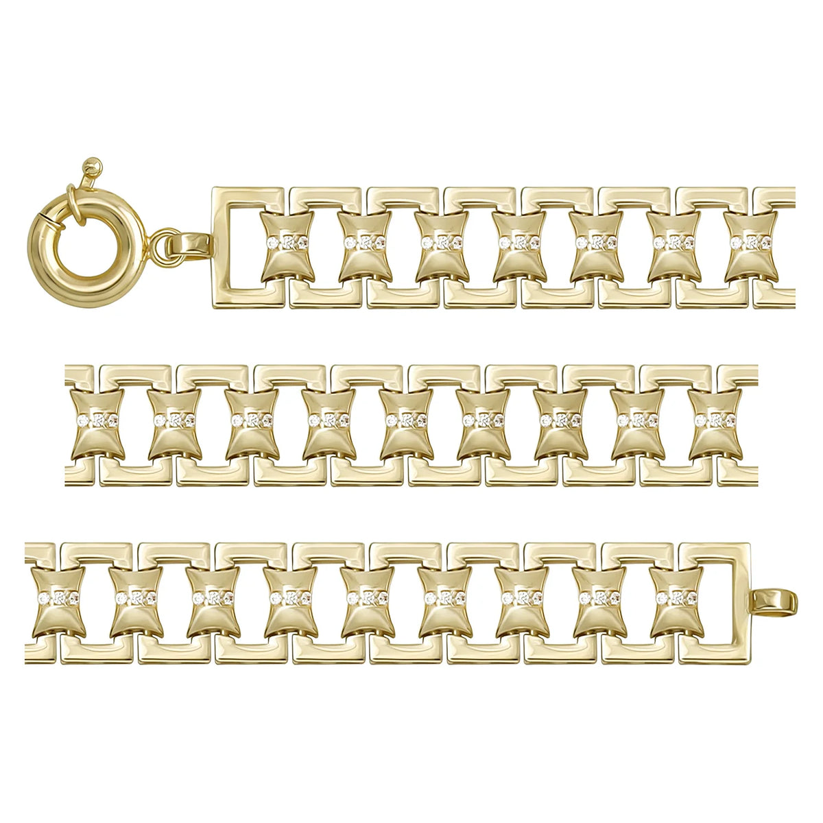 Solid gold fancy link bracelet, 15.16 g — shown in three rows across the frame.