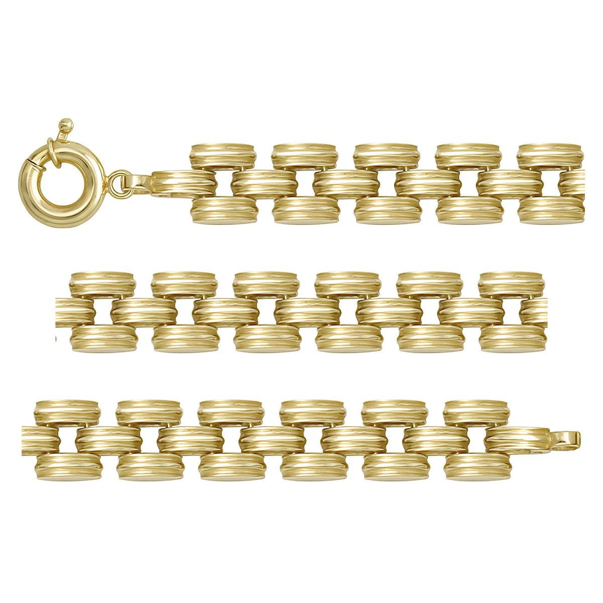 Solid gold bar link bracelet, 17.22 g — shown in three rows across the frame.