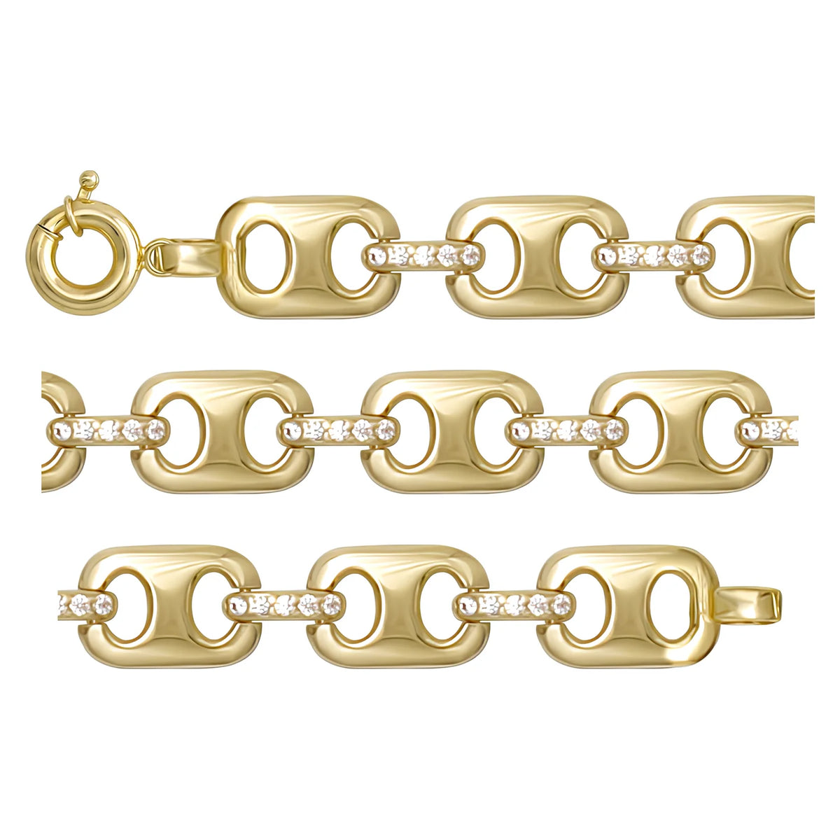 Solid gold mariner bracelet, 10.65 g — shown in three rows across the frame.