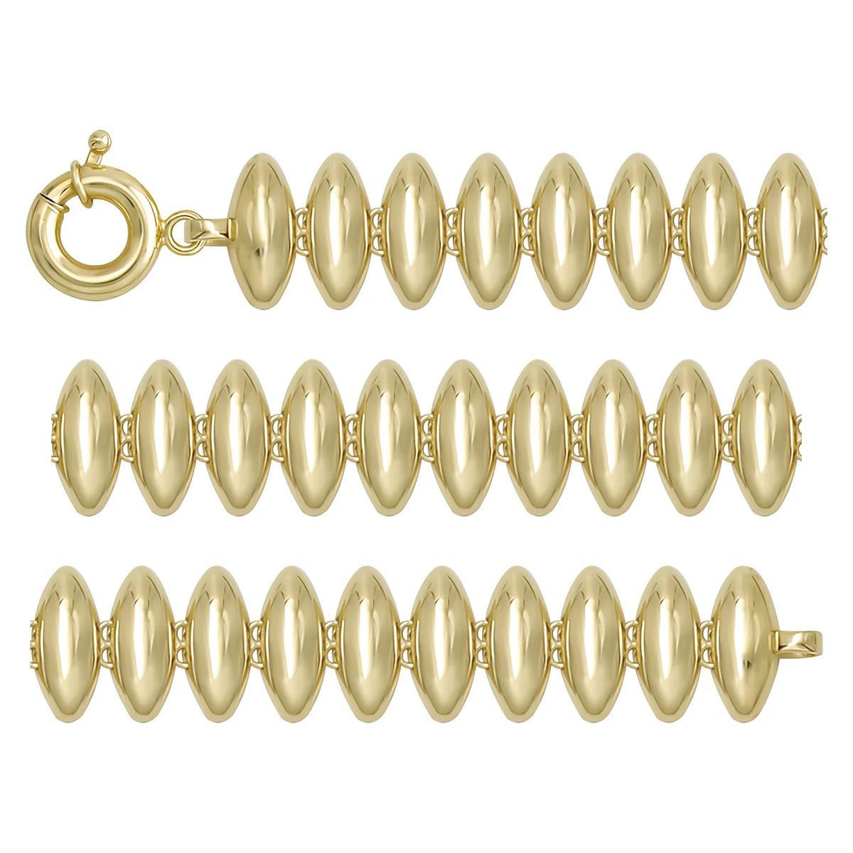 Solid gold bead bracelet, 12.80 g — shown in three rows across the frame.