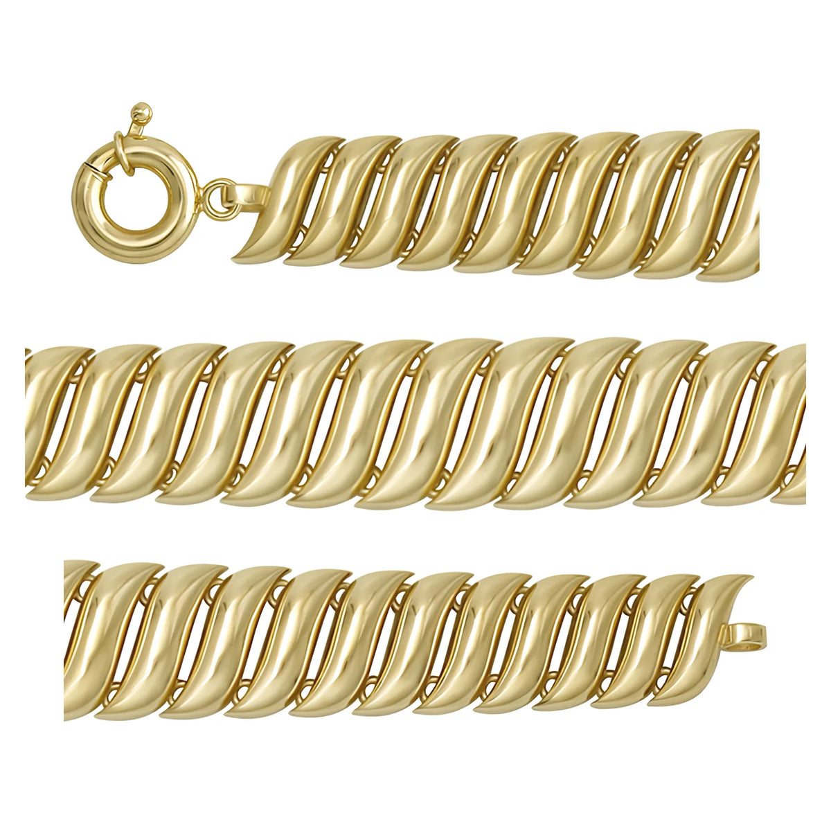 Solid gold braided bracelet, 21.17 g — shown in three rows across the frame.