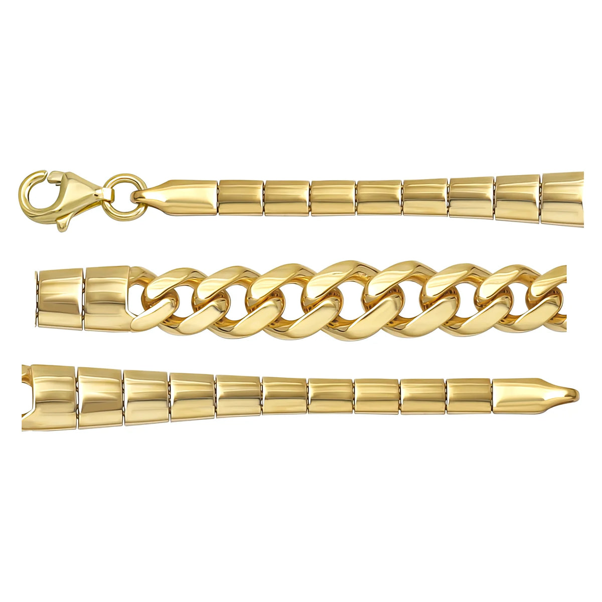 Solid gold curb bracelet, 12.50 g — shown in three rows across the frame.