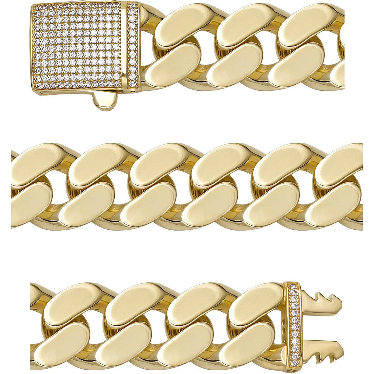 Solid gold curb bracelet, 57.35 g — shown in three rows across the frame.