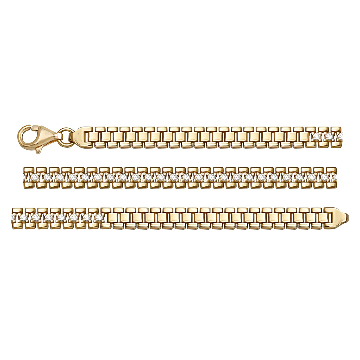 Solid gold bar link bracelet, 5.65 g — shown in three rows across the frame.