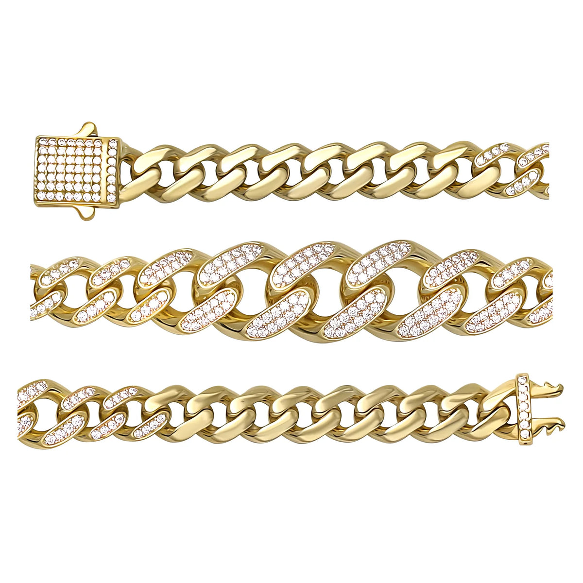 Solid gold curb bracelet, 11.55 g — shown in three rows across the frame.