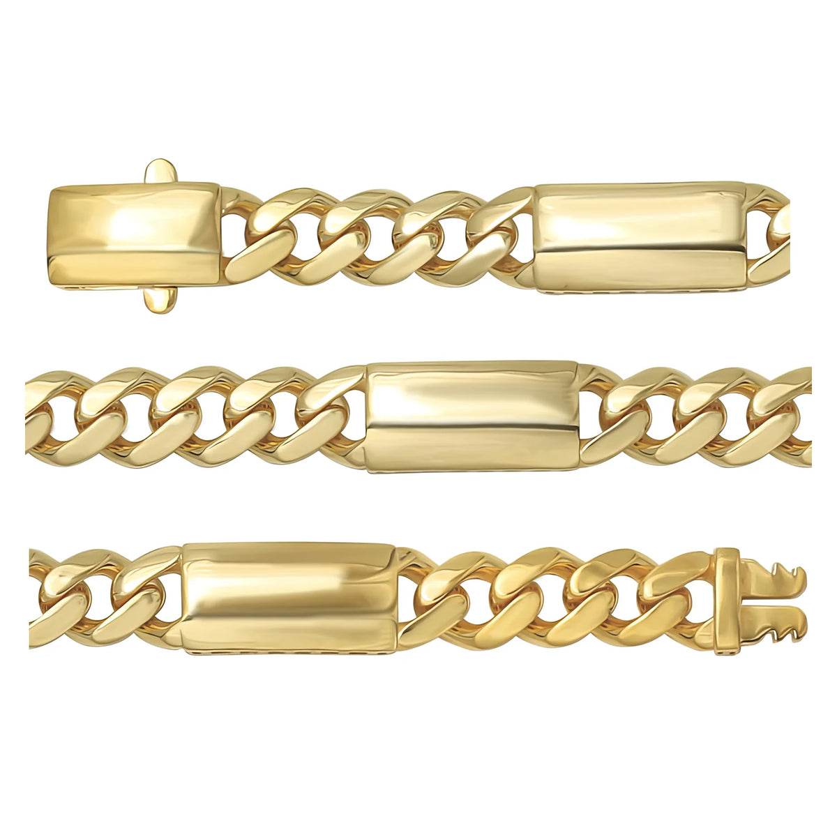 Solid gold curb bracelet, 12.20 g — shown in three rows across the frame.