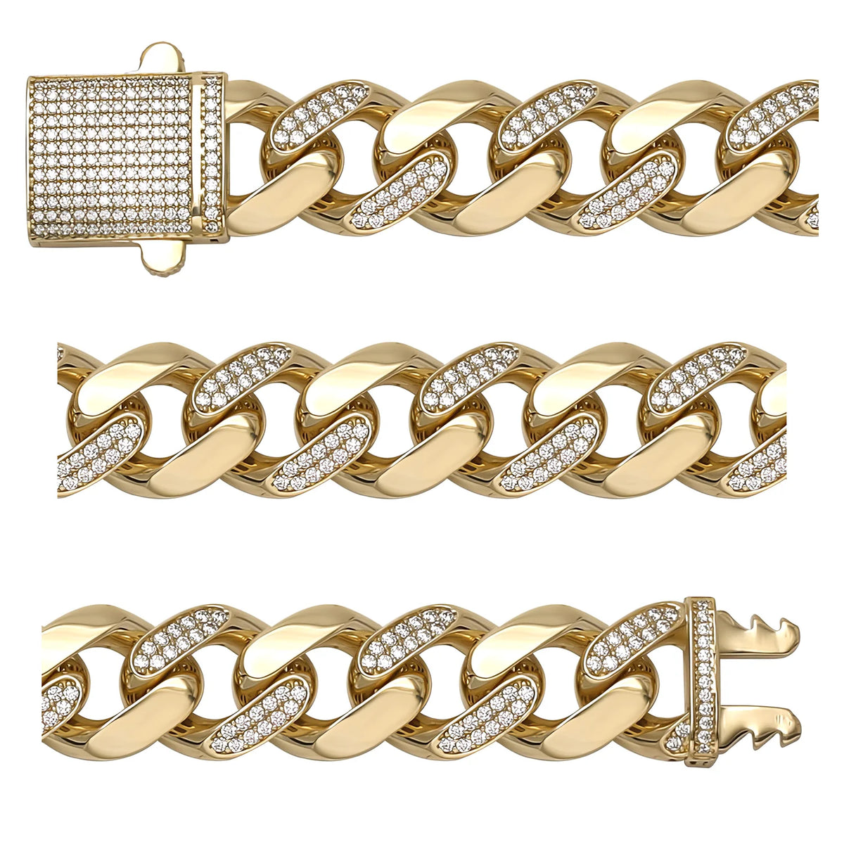 Solid gold curb bracelet, 30.35 g — shown in three rows across the frame.
