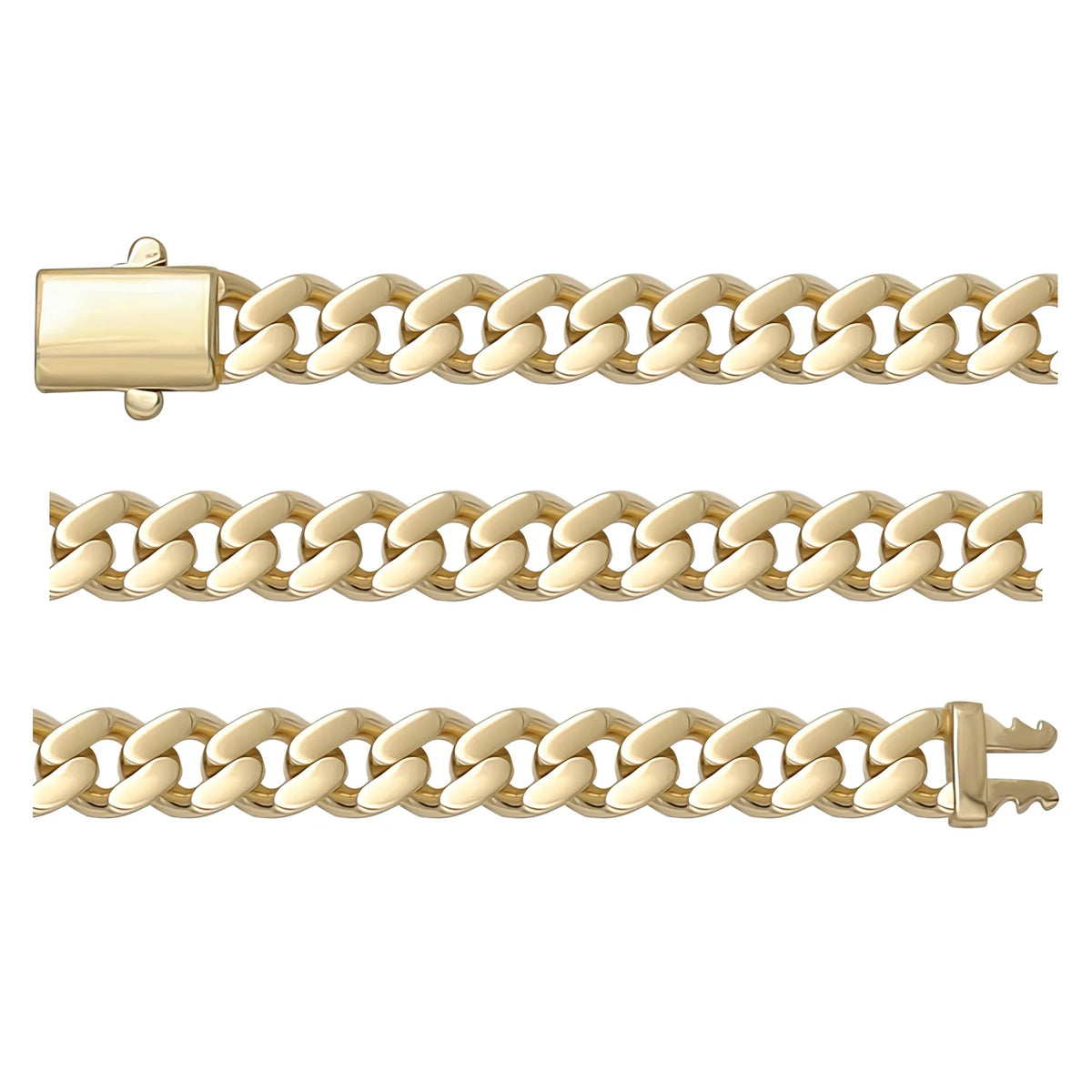 Solid gold curb bracelet, 12.40 g — shown in three rows across the frame.
