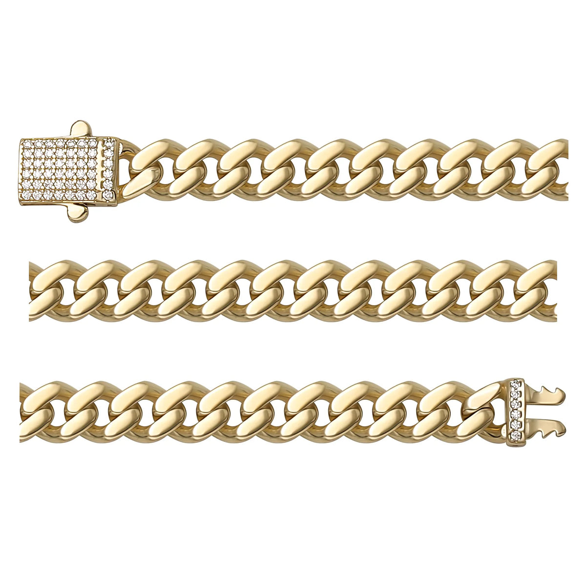 Solid gold curb bracelet, 11.85 g — shown in three rows across the frame.