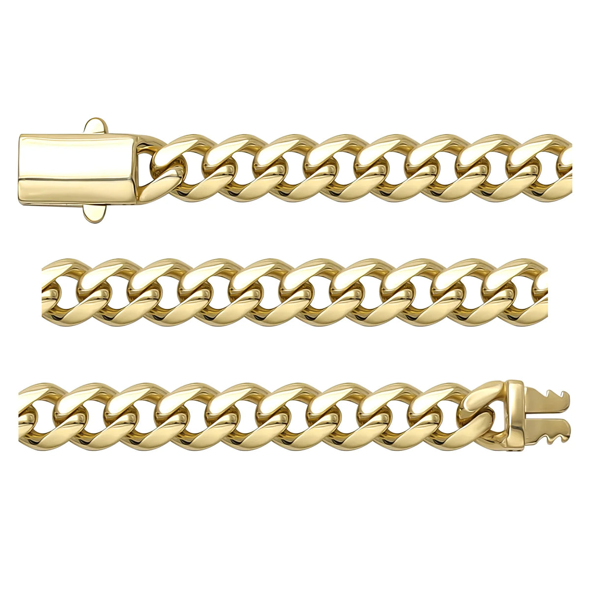 Solid gold curb bracelet, 10.60 g — shown in three rows across the frame.
