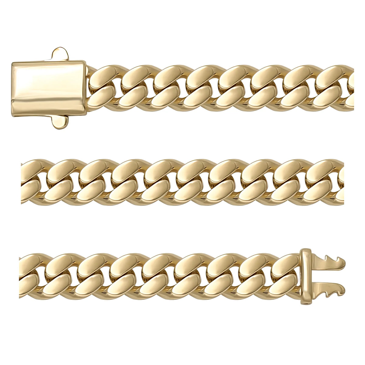 Solid gold curb bracelet, 15.35 g — shown in three rows across the frame.