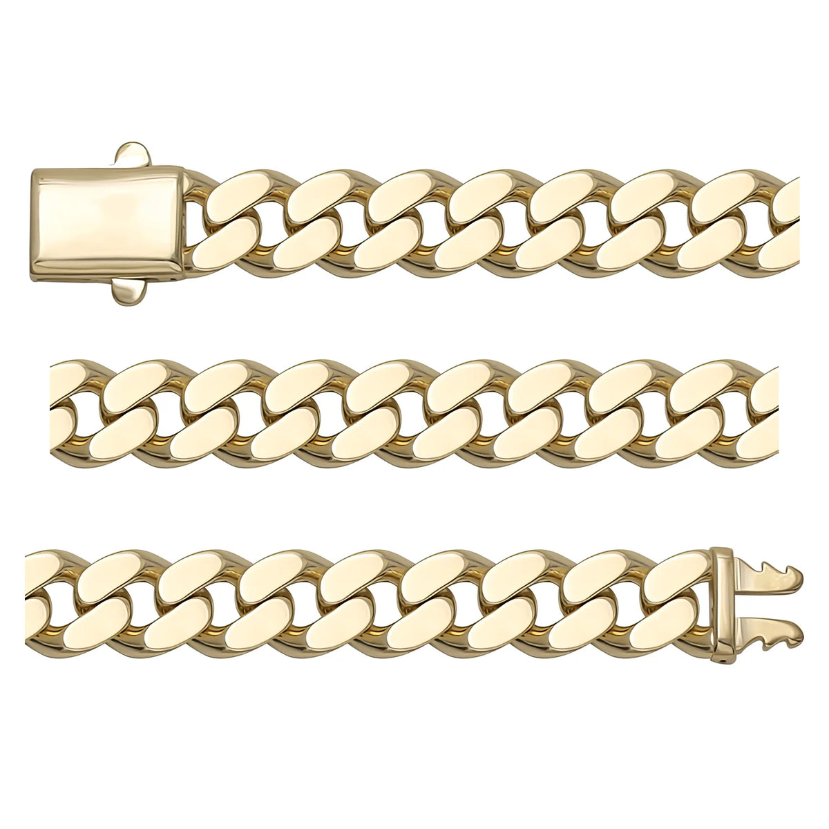 Solid gold curb bracelet, 16.15 g — shown in three rows across the frame.