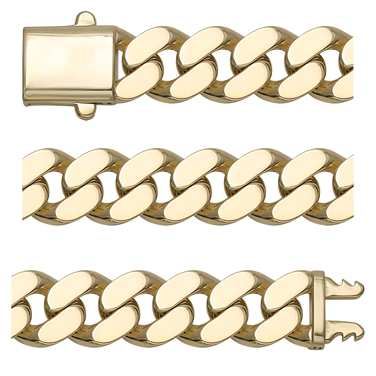 Solid gold curb bracelet, 25.55 g — shown in three rows across the frame.