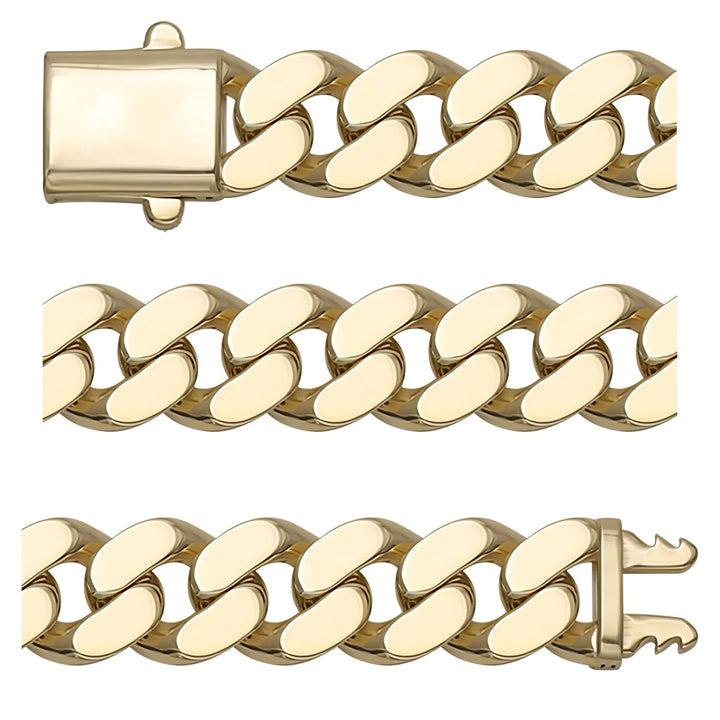 Solid gold curb bracelet, 25.55 g — shown in three rows across the frame.