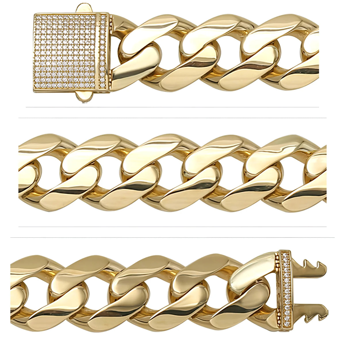 Solid gold curb bracelet, 40.15 g — shown in three rows across the frame.