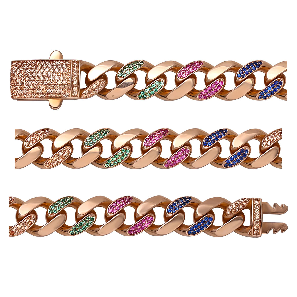 Solid gold curb bracelet, 17.60 g — shown in three rows across the frame.
