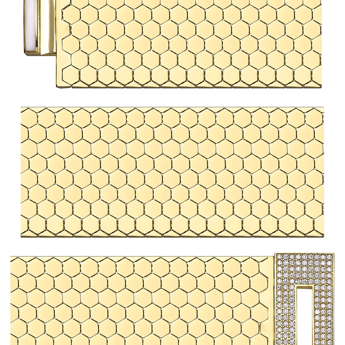 Solid gold honeycomb bracelet, 74.30 g — shown in three rows across the frame.