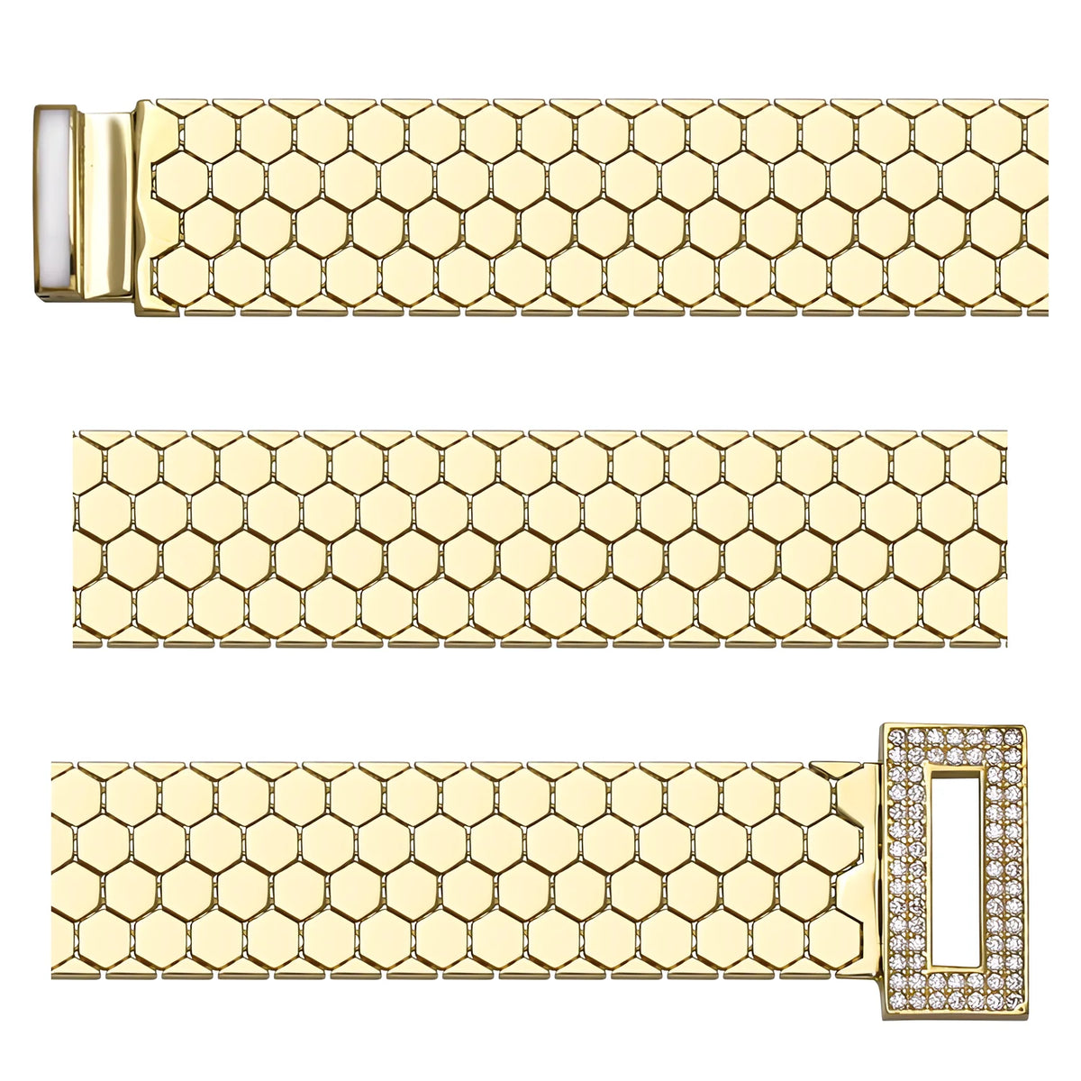 Solid gold honeycomb bracelet, 22.69 g — shown in three rows across the frame.