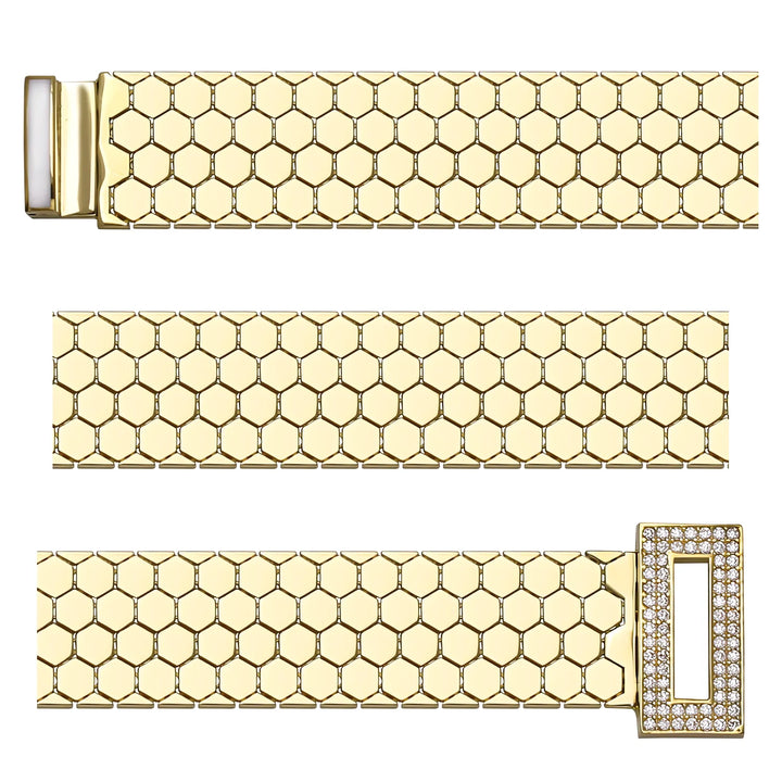 Solid gold honeycomb bracelet, 22.69 g — shown in three rows across the frame.