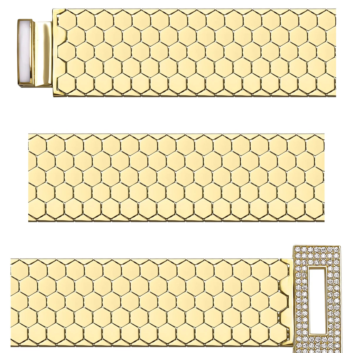 Solid gold honeycomb bracelet, 23.63 g — shown in three rows across the frame.