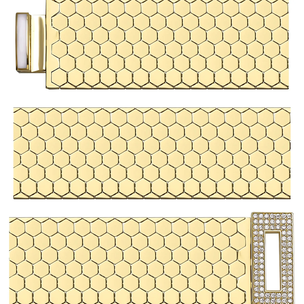 Solid gold honeycomb bracelet, 26.93 g — shown in three rows across the frame.
