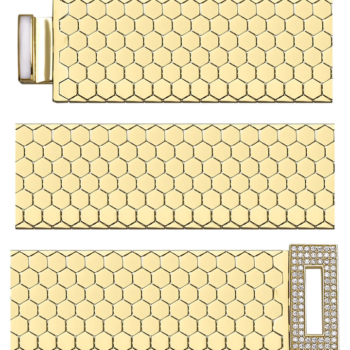 Solid gold honeycomb bracelet, 26.93 g — shown in three rows across the frame.