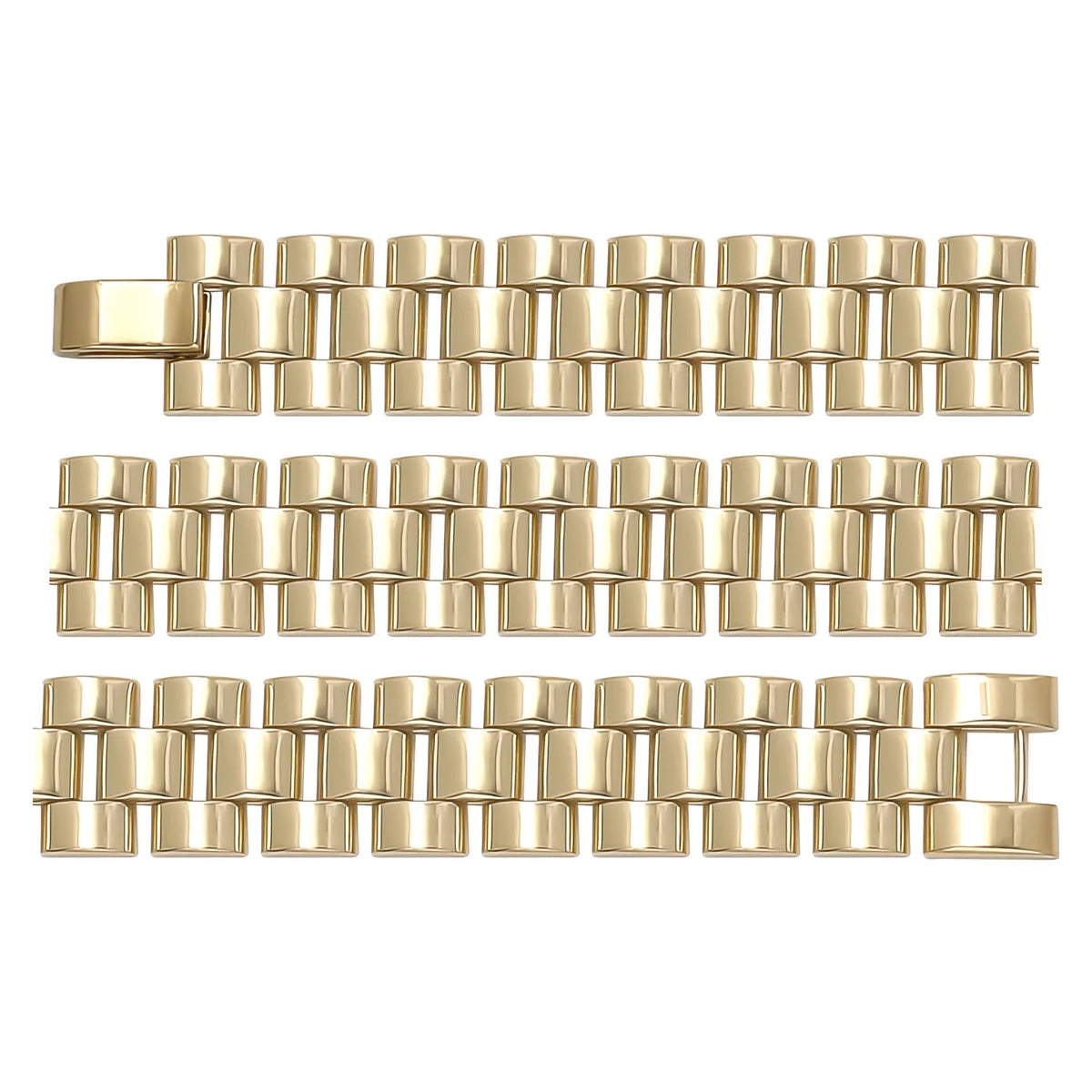 Solid gold brick link bracelet, 23.91 g — shown in three rows across the frame.