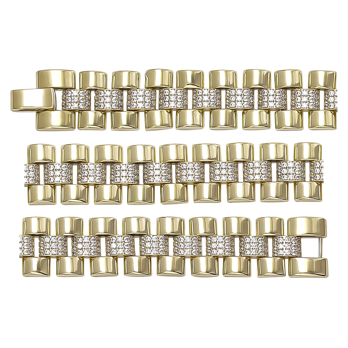 Solid gold brick link bracelet, 24.35 g — shown in three rows across the frame.