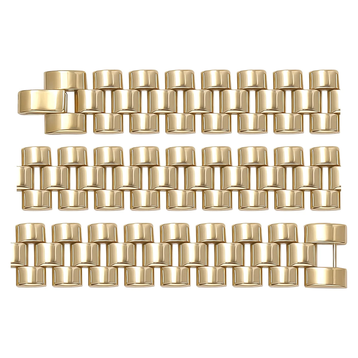 Solid gold brick link bracelet, 24.00 g — shown in three rows across the frame.