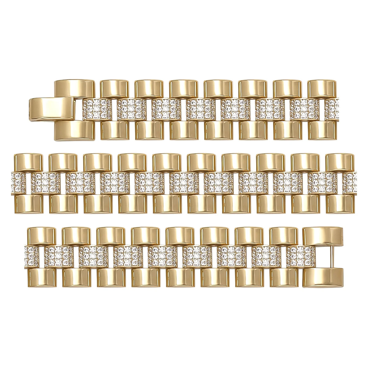 Solid gold brick link bracelet, 27.00 g — shown in three rows across the frame.