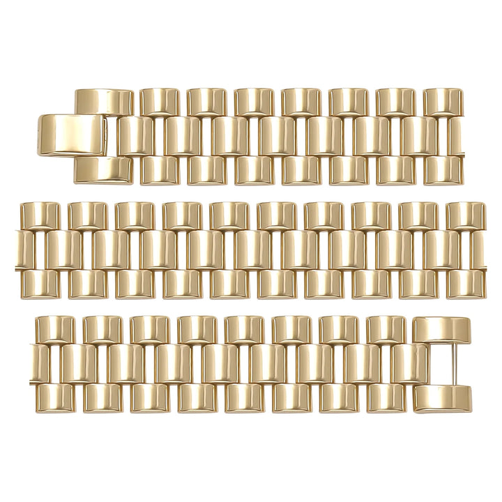 Solid gold brick link bracelet, 29.25 g — shown in three rows across the frame.