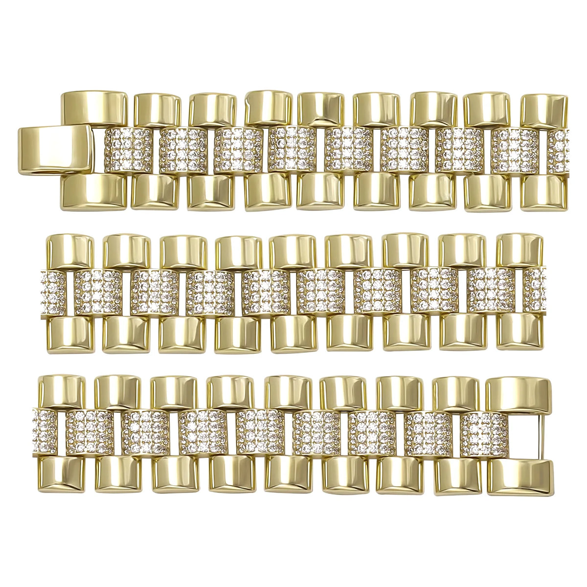 Solid gold brick link bracelet, 29.60 g — shown in three rows across the frame.