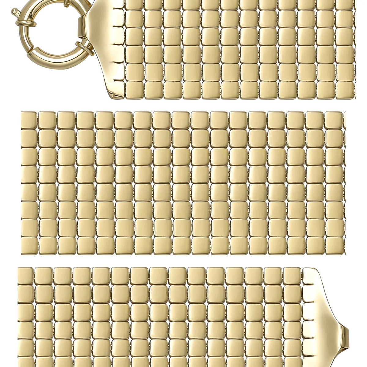 Solid gold brick link bracelet, 45.47 g — shown in three rows across the frame.