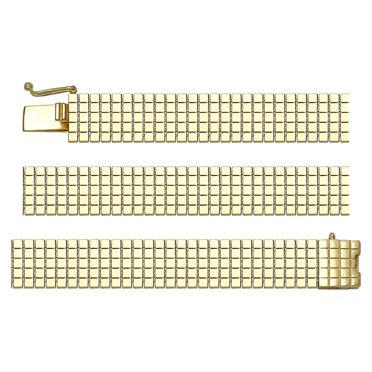 Solid gold brick link bracelet, 14.70 g — shown in three rows across the frame.